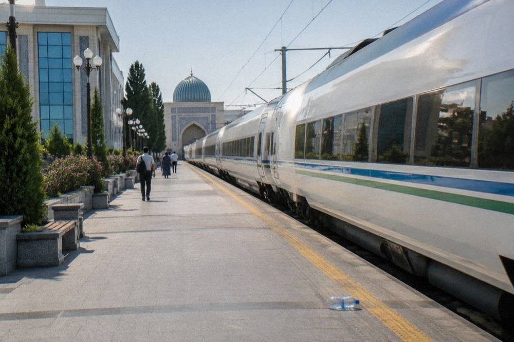 Modern high-speed train waiting at a station platform beside a sunlit Central Asian rail yard