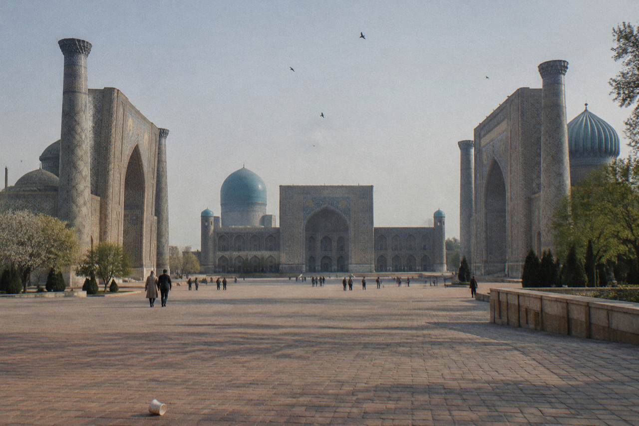 Blue tiled domes and minarets of the Registan complex in Samarkand under an open sky