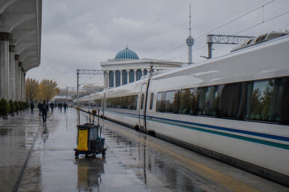 A high speed train waiting at a station platform beside modern railway buildings