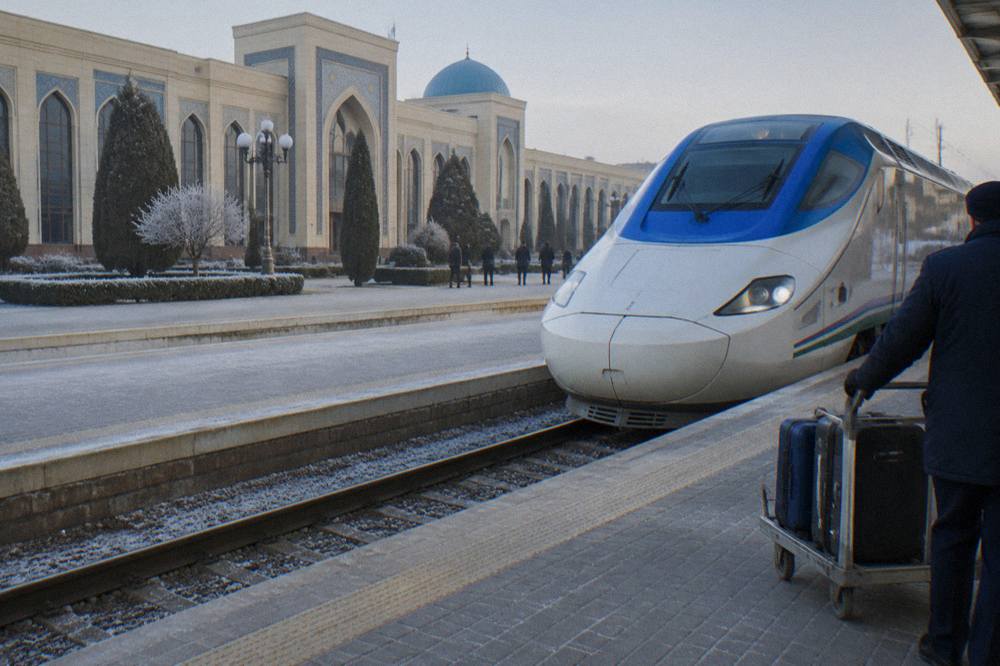 High speed train standing at a station platform beside a modern railway terminal