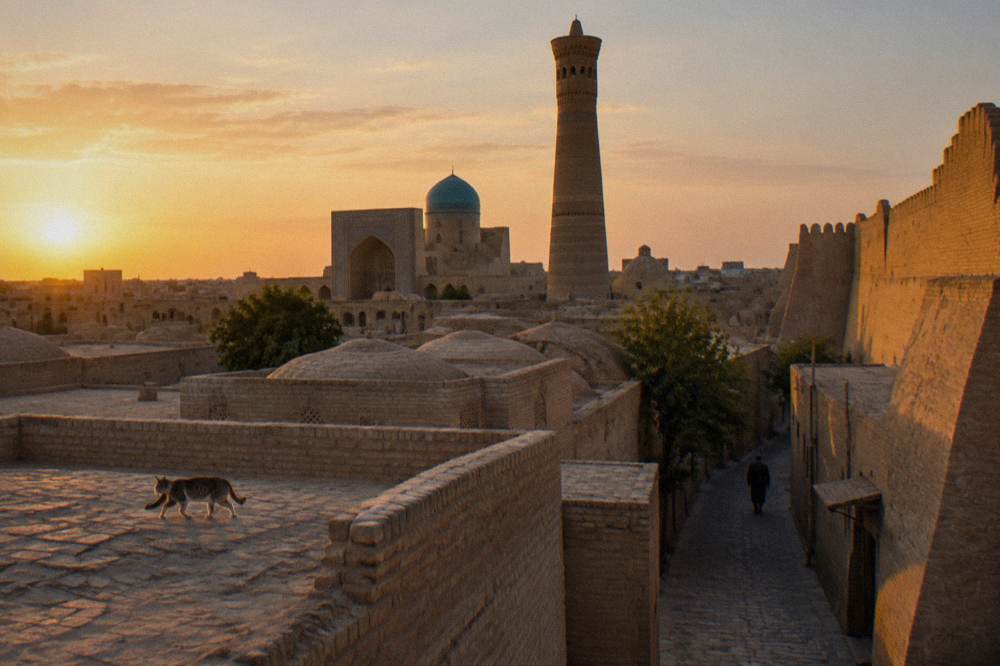 Walled old city with tall minaret and domed rooftops at golden hour