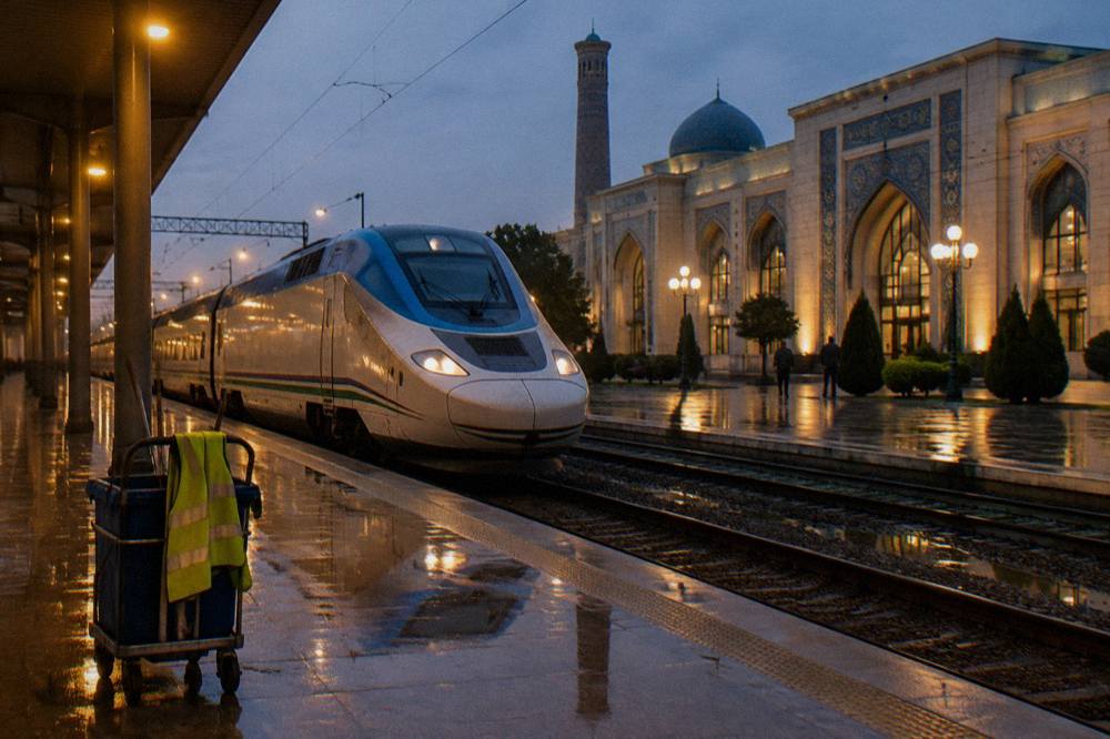 A high speed train parked at a modern station platform in Uzbekistan