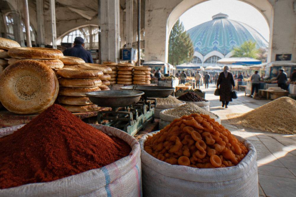 A market stall with stacked flat breads, spices and dried fruit in an Uzbek bazaar