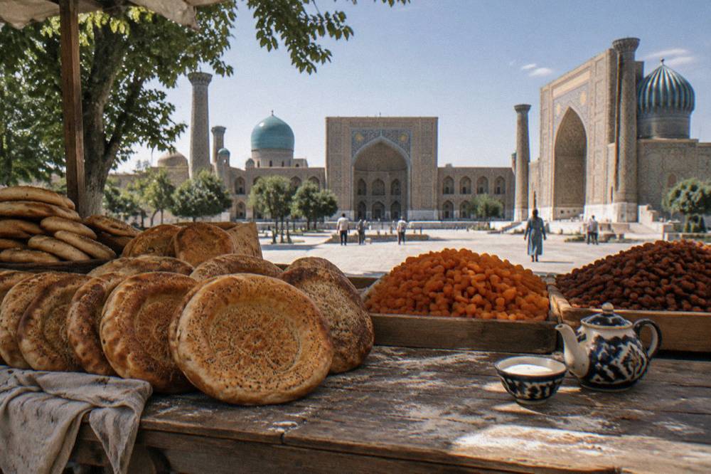 Rows of fresh round bread and dried fruit on wooden stalls at an Uzbek bazaar