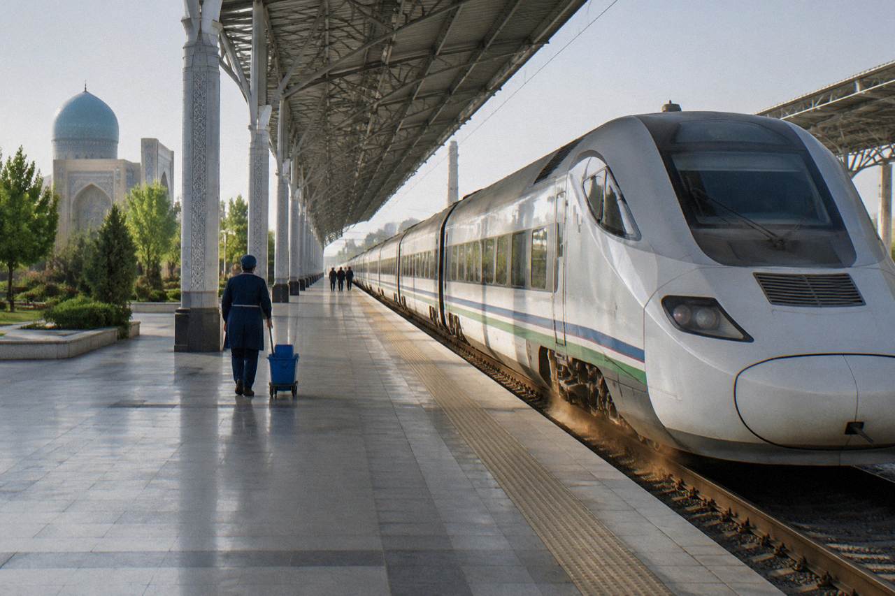 High-speed train waiting at a station platform in Uzbekistan