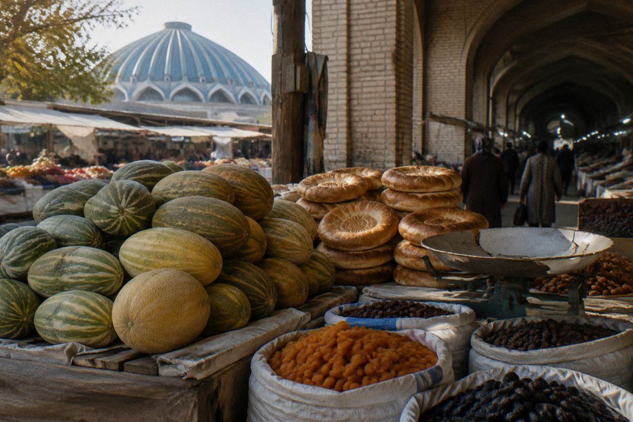 A market stall in Uzbekistan piled with melons, bread and dried fruit under a warm afternoon light