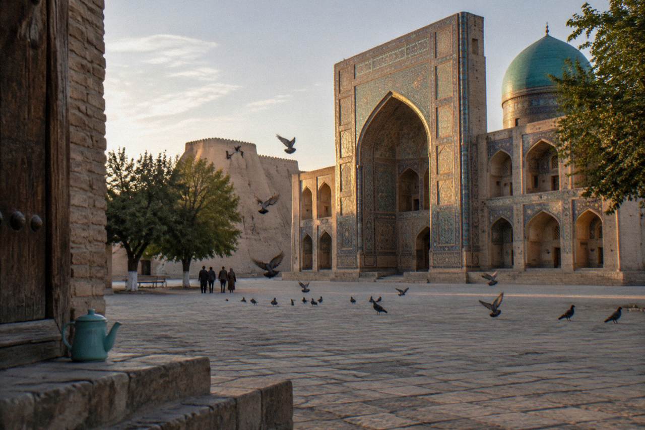 Warm evening light on the tiled facade of a medieval madrasah in a Uzbek city square