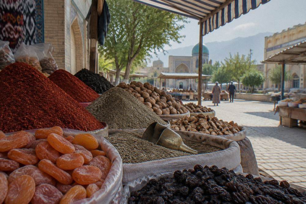 A colorful bazaar stall piled with spices, dried fruit and nuts