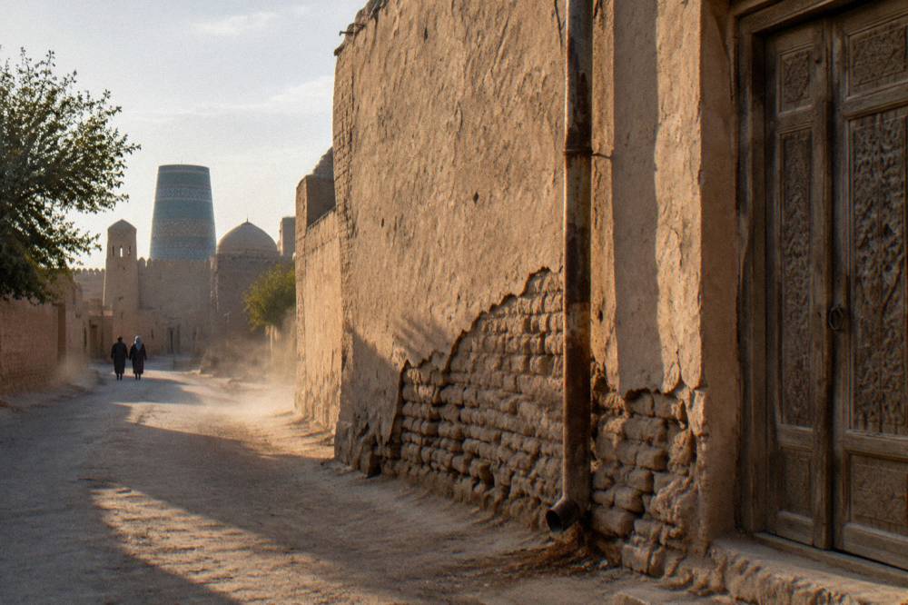 Quiet stone lane in an old Silk Road town lined with weathered mud brick walls