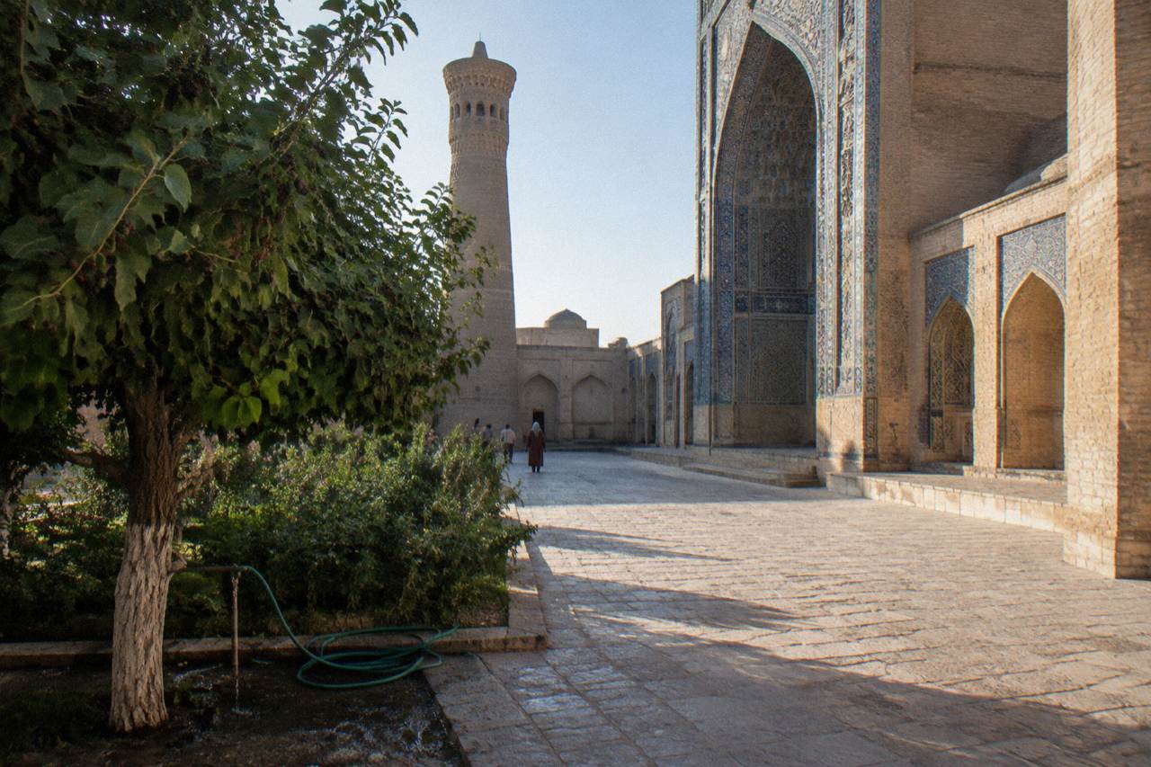 Sunlit tiled courtyard of a Silk Road madrasah with blue domes above a quiet stone walkway