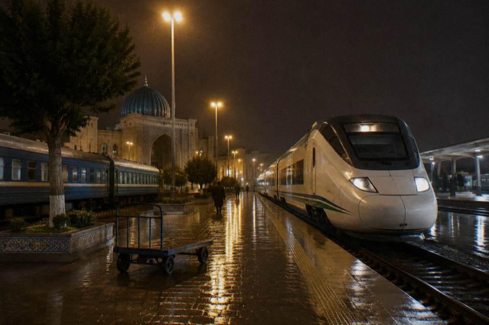 Modern high-speed train waiting at a station platform beside older carriages