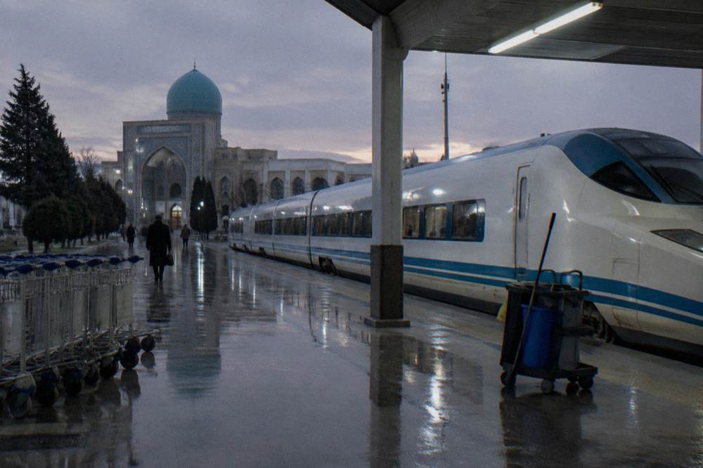 High speed train standing at a station platform in Uzbekistan