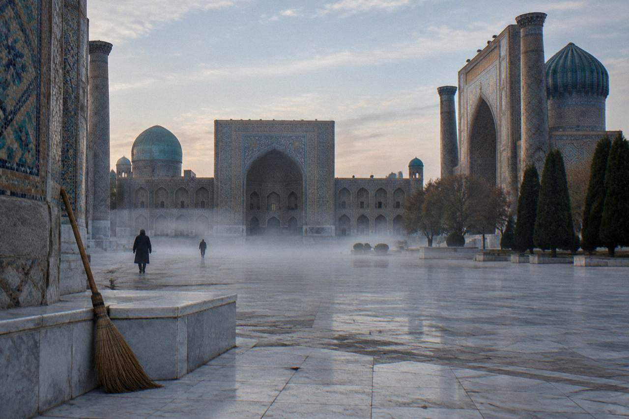 Blue tiled dome of a Samarkand monument under a clear sky with an empty plaza in front