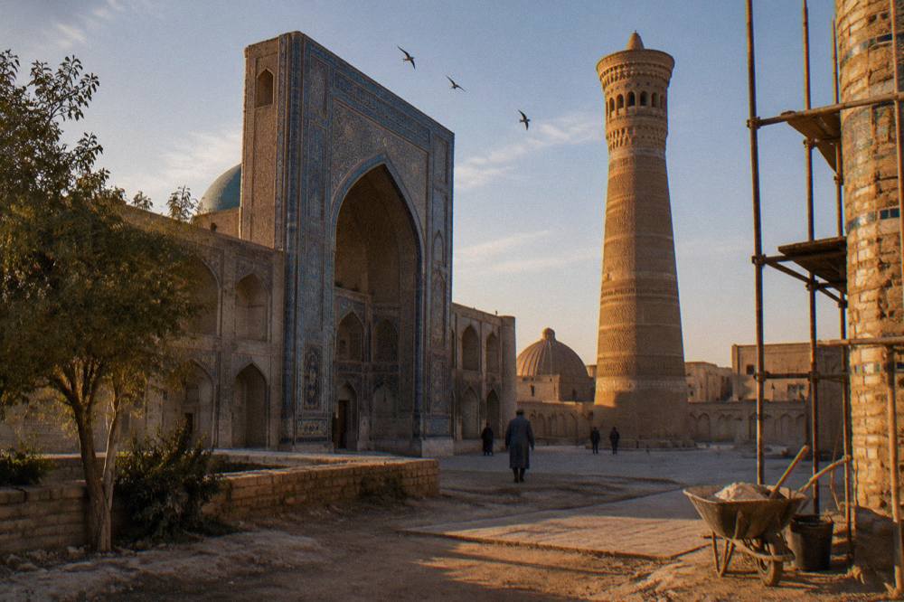 Ornate tiled facade and minaret of a medieval building in Bukhara's old town