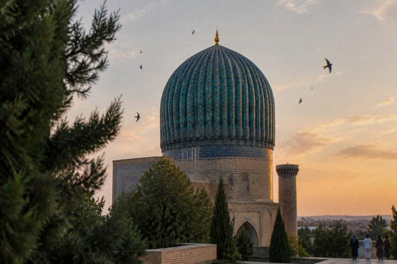 Gur-e-Amir Mausoleum in Samarkand with its ribbed turquoise dome and blue-tiled walls
