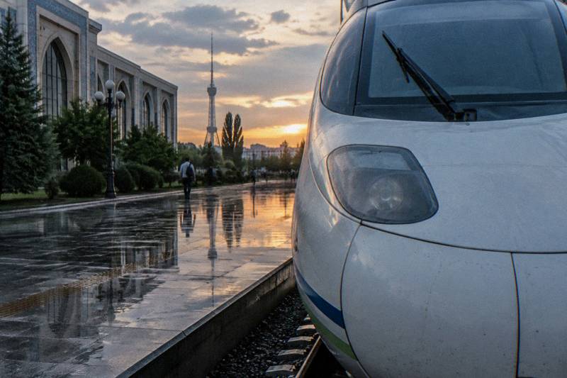 Travellers on the platform of Tashkent Railway Station beside a modern high-speed train