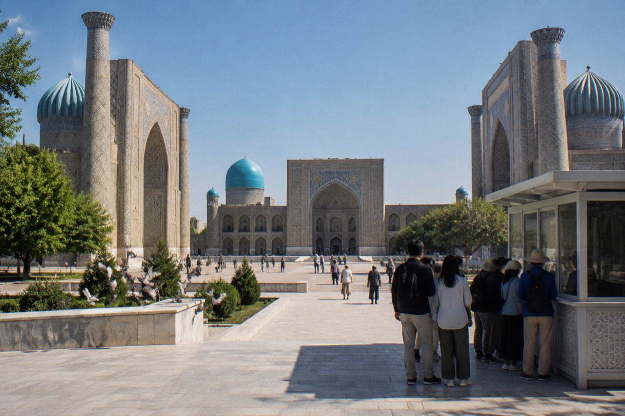 Registan square in Samarkand under a clear blue sky with tiled domes and minarets
