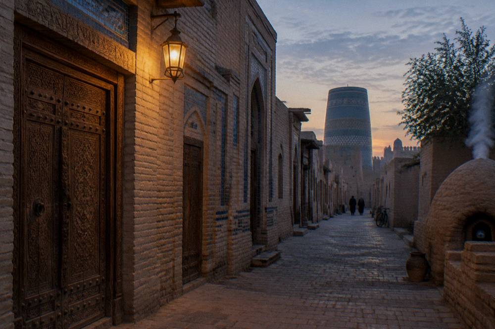 Narrow old town lane with tiled facades and wooden doors