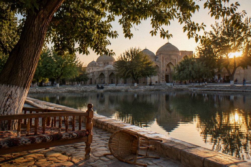Poolside square with mulberry trees and historic buildings at golden hour