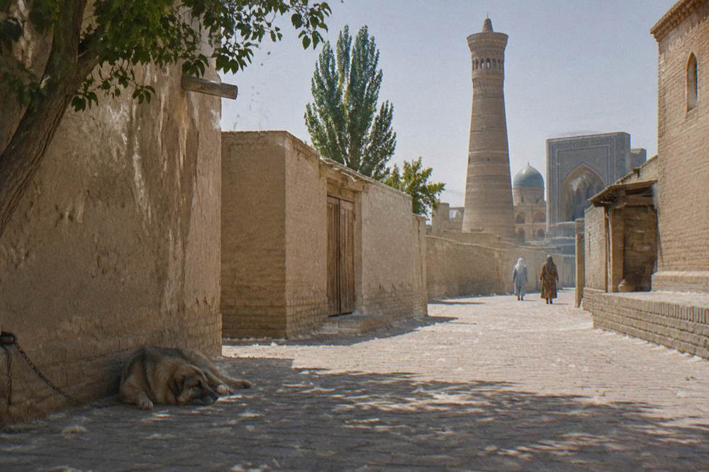 Old town street in Bukhara with medieval walls and a minaret
