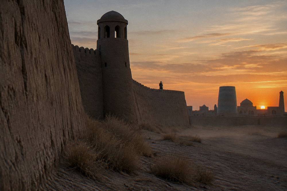 Walled old town of Khiva with mud brick ramparts at dusk