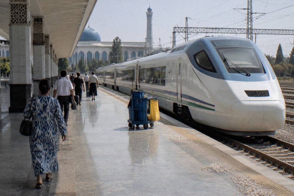 High speed train at a station platform in Uzbekistan