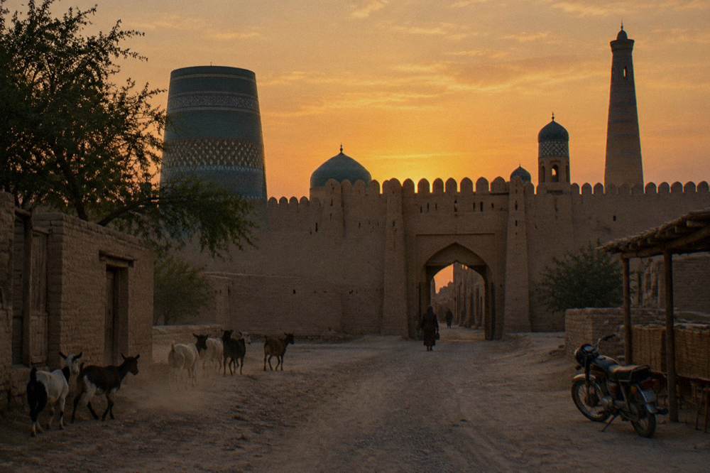 A walled mud-brick old town with minarets under late afternoon light
