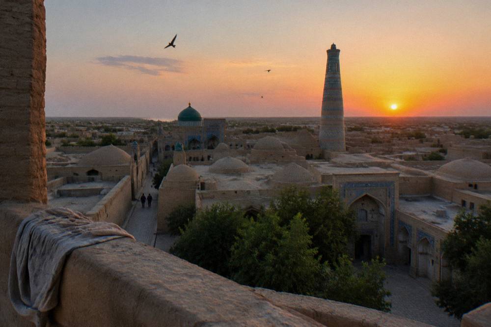 Turquoise tiled minaret and domed rooftops of a walled city at sunset