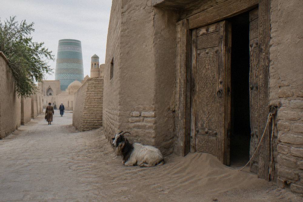 Narrow lane inside a walled old city with mud brick walls and a carved wooden door