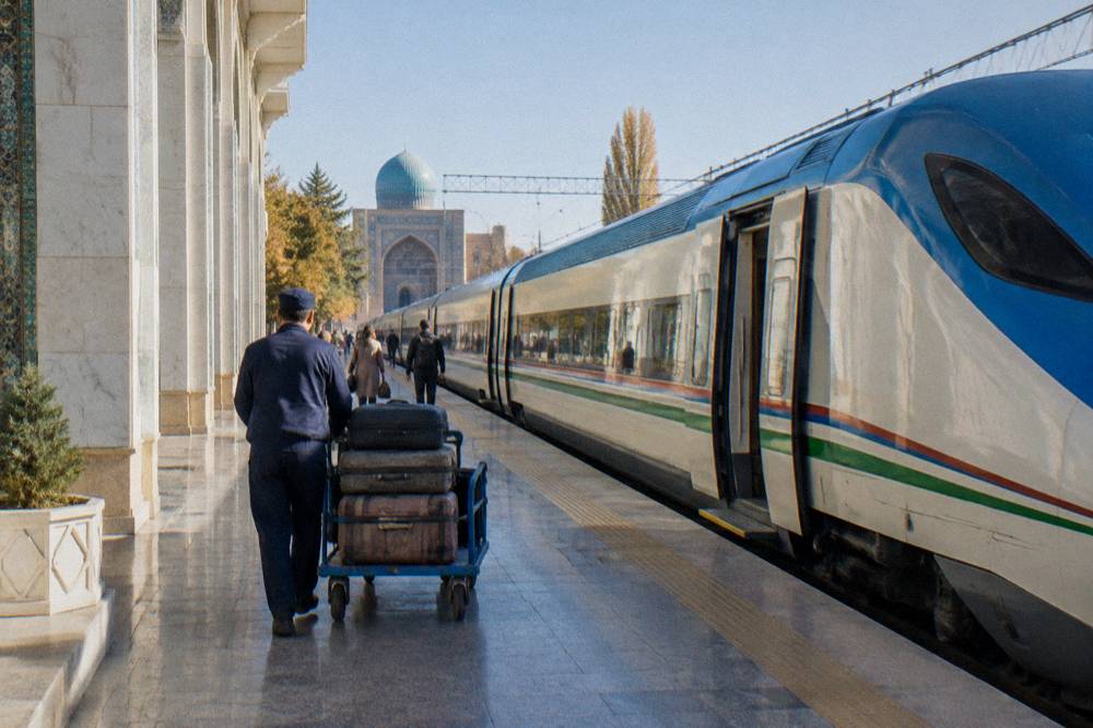 High speed train at a platform beside a modern station building