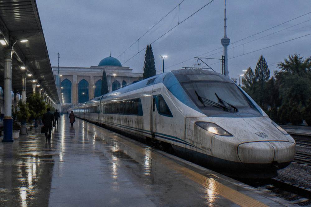 A high-speed train standing at a platform beside a modern railway station in Uzbekistan