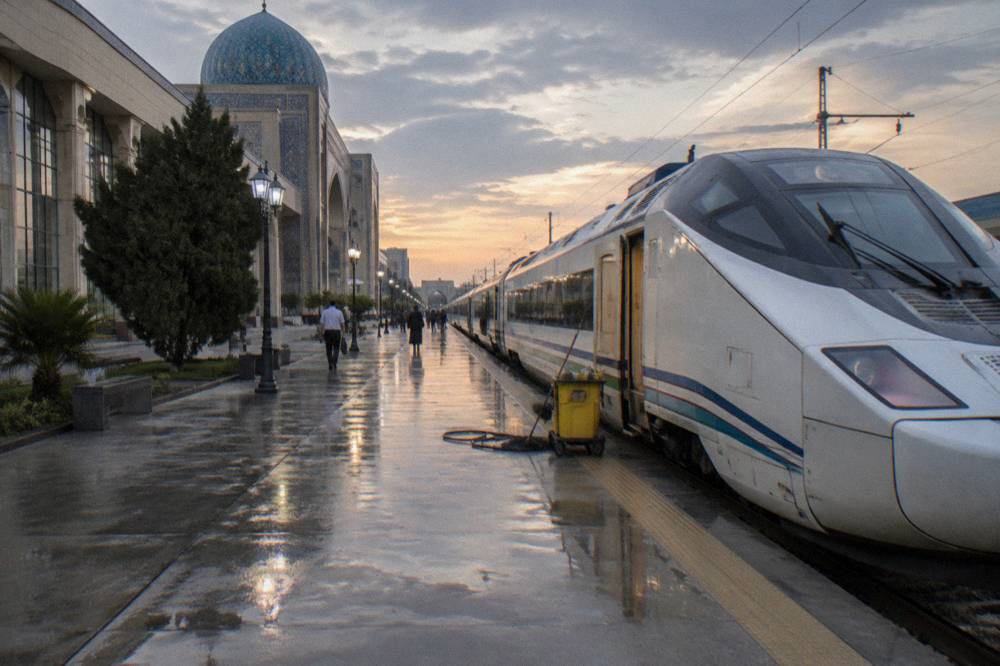 High-speed train at a station platform beside modern rail cars