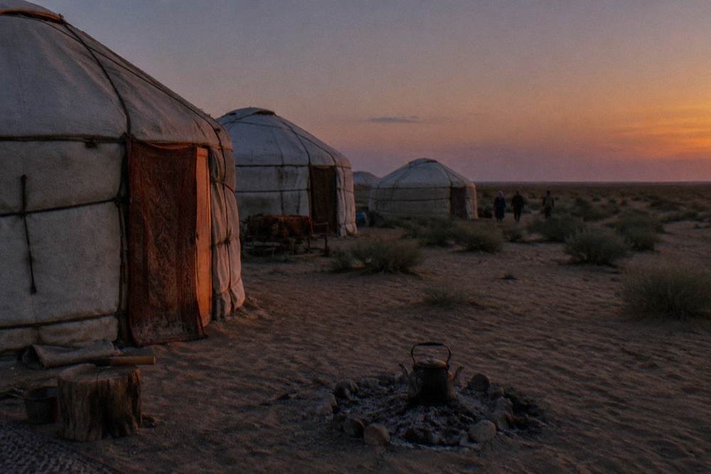 Round felt yurts standing on sandy desert ground at dusk with a long horizon