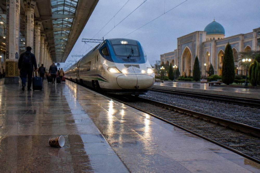 Modern high-speed train waiting at a bright station platform in Uzbekistan