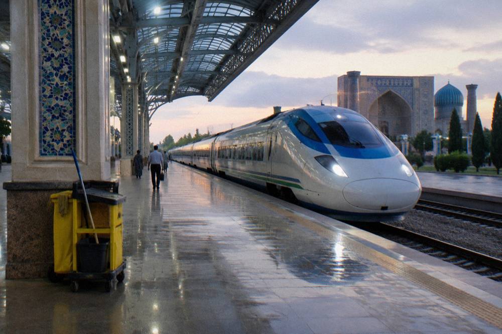 High speed train waiting at a station platform beside a modern glass station hall