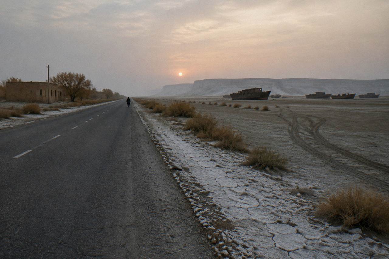 Desert road stretching toward distant dry seabed cliffs under a wide hazy sky