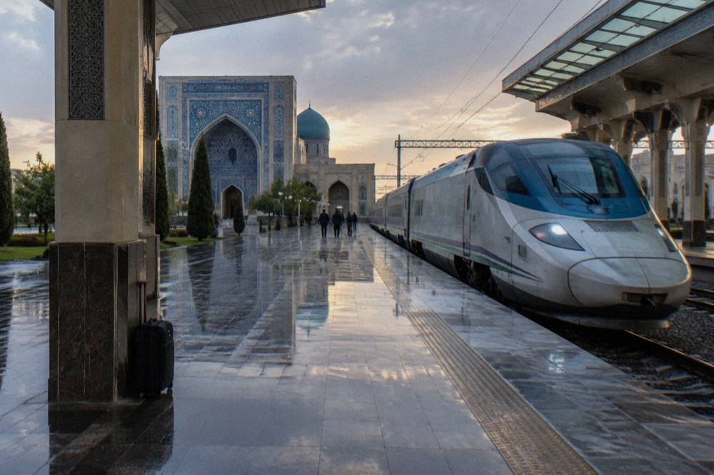 High speed train platform at a modern Uzbekistan railway station
