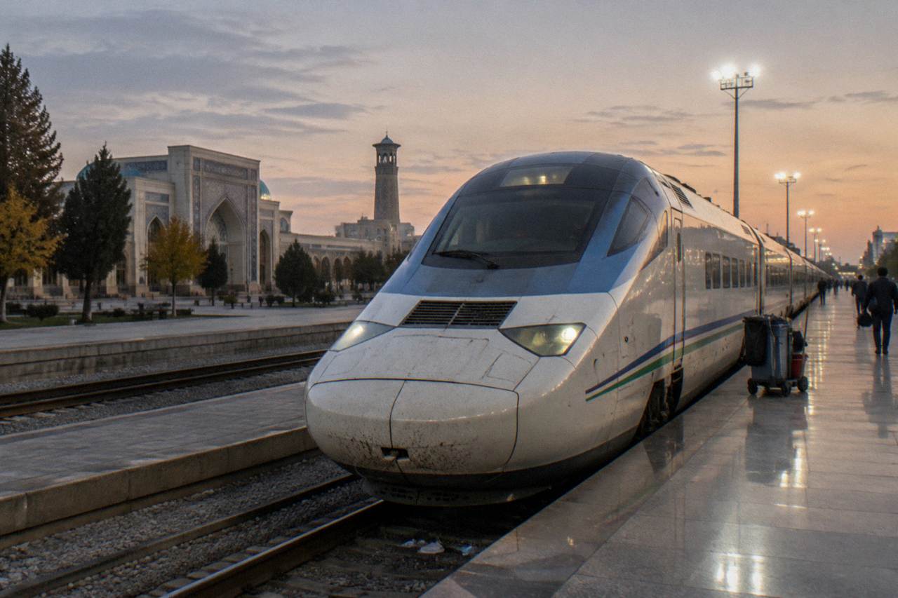 A high-speed passenger train standing at a railway platform in Uzbekistan under a clear sky