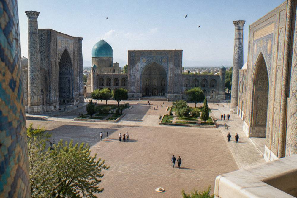 Travelers walking among turquoise domed madrasahs in a historic square