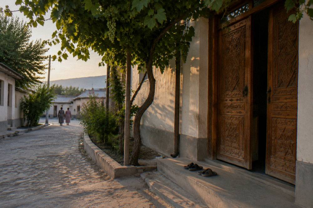 Wooden doors carved with traditional Uzbek patterns in an old city lane