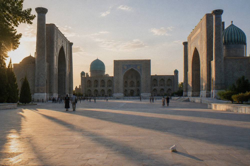 Registan square in Samarkand with three tiled madrasah facades in late afternoon light