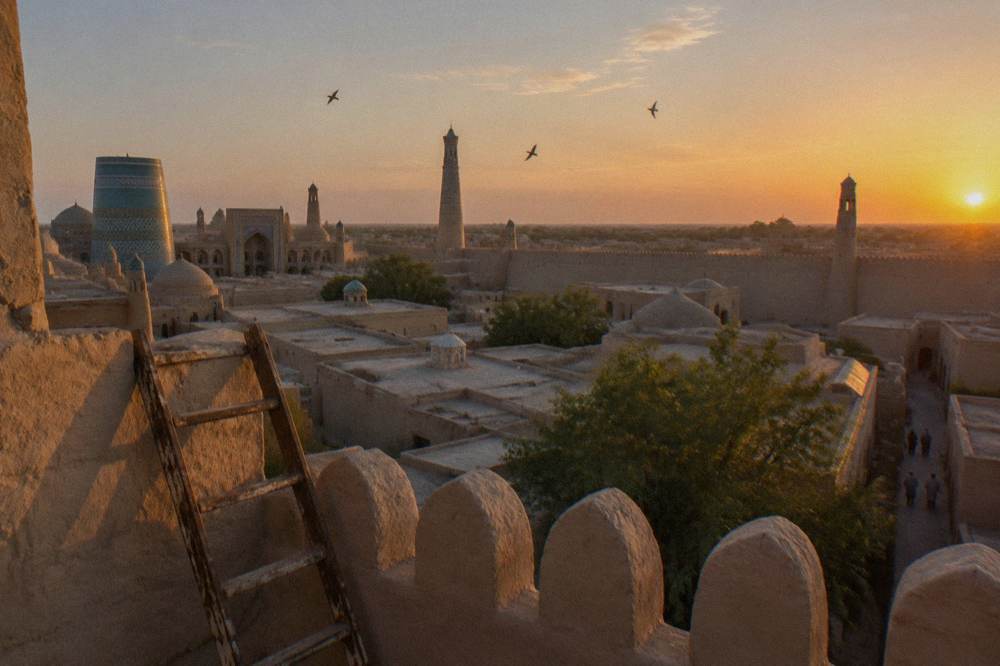 Ancient walled city of Khiva with mud brick walls and minarets under a warm sky