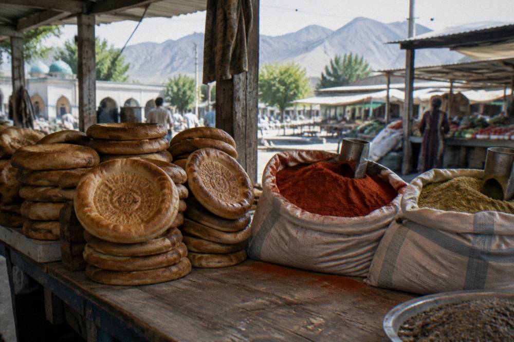 Stacks of fresh non bread and colorful spices at a Uzbek market stall
