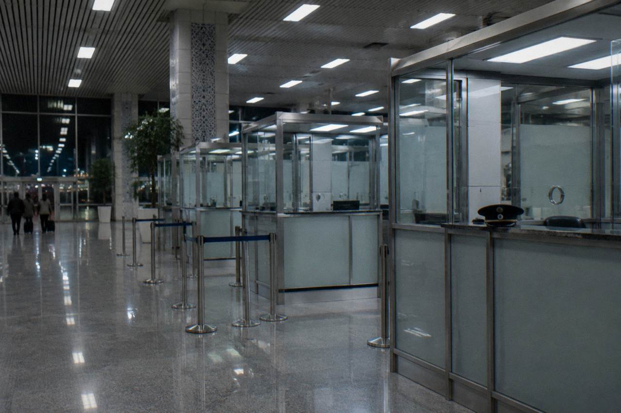 Passport control desks at an airport arrivals hall in Uzbekistan